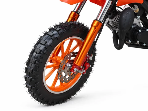 Illustrative orange KidMoto bike: front wheel and fork