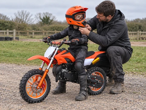 AI-created scene: parent checking a child’s helmet beside the stopped orange KidMoto bike