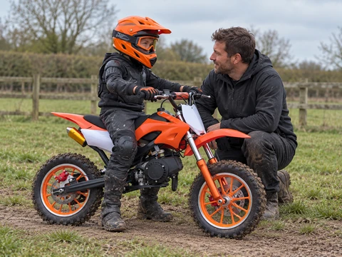 AI-created scene: child on the stopped orange KidMoto bike talking with a parent in an off-road paddock