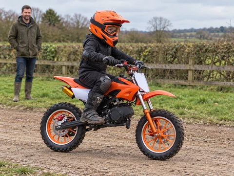 AI-created scene: child practising on the orange KidMoto bike under adult supervision in a UK-style off-road paddock
