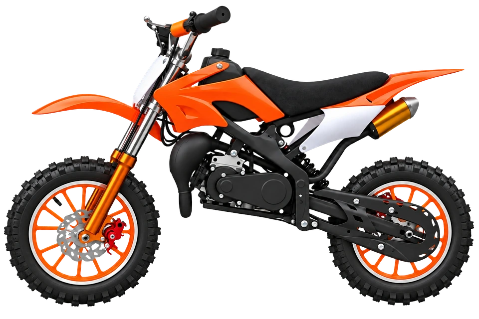 Illustration of the orange, black and white KidMoto Trail49 dirt bike seen from the side