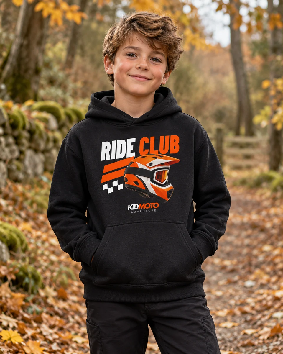 AI lifestyle mockup of a child wearing the black KidMoto Ride Club hoodie on a woodland walk