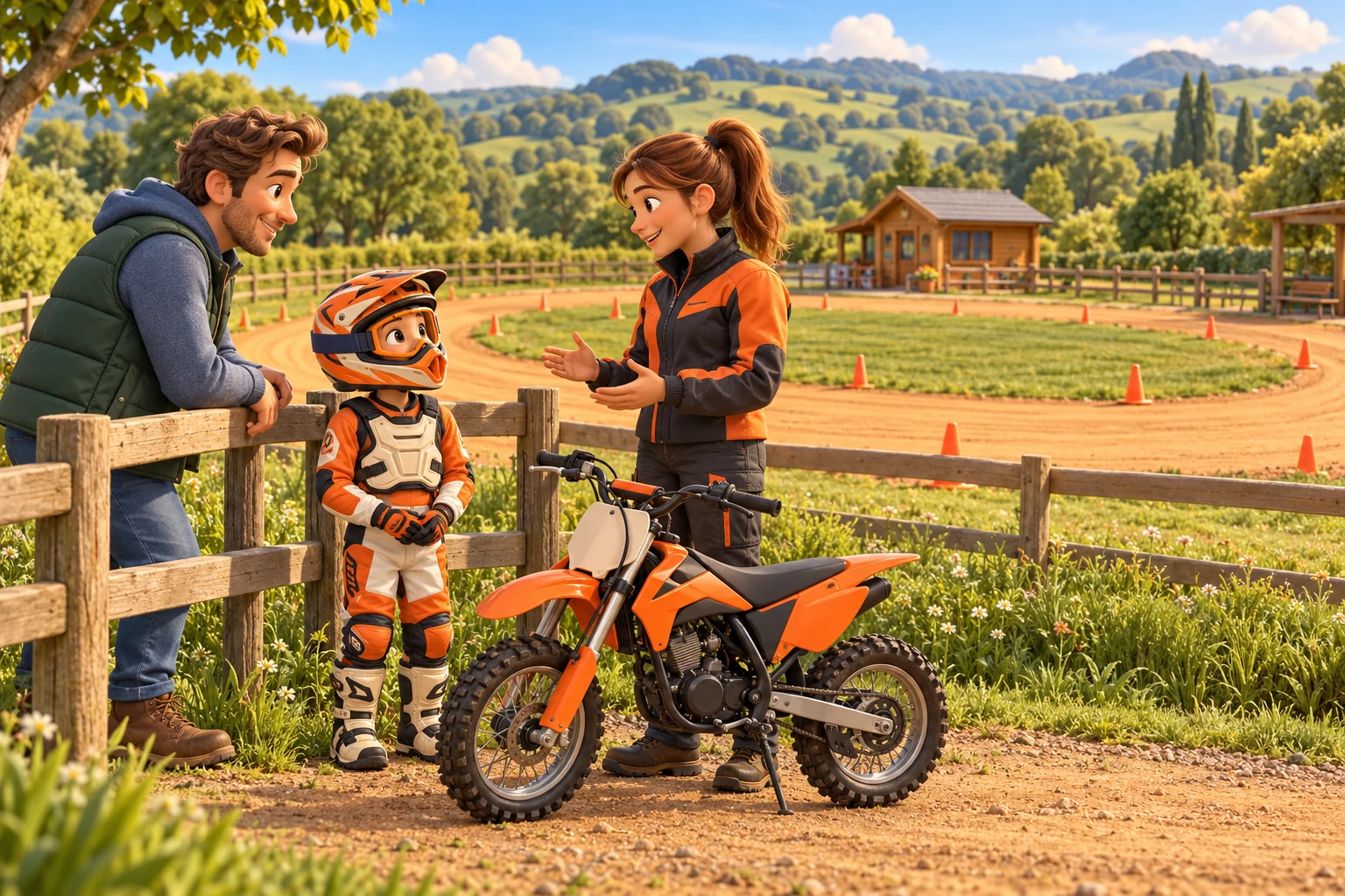 Illustration of a parent, a child in protective kit and an instructor at a junior practice venue