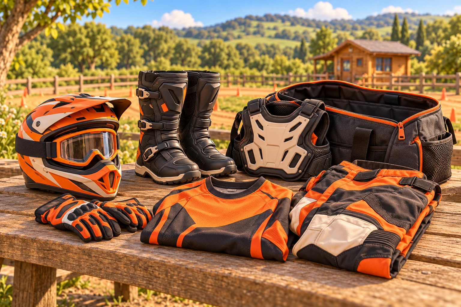 Storybook illustration of an orange and black helmet, goggles, gloves, boots, protective clothing, body protector and kit bag on a wooden bench