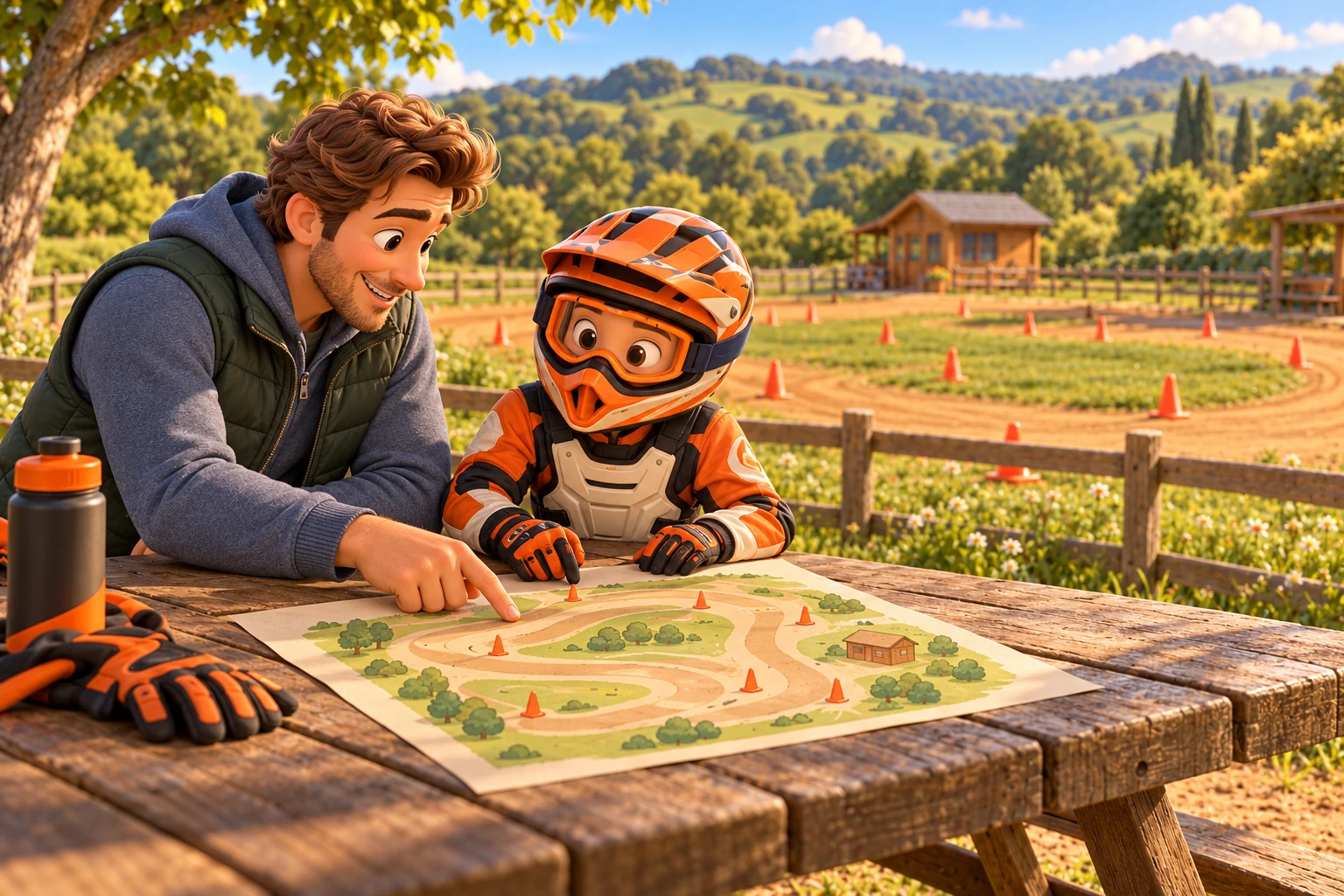 Storybook illustration of a parent and child in riding kit planning a practice day with a map