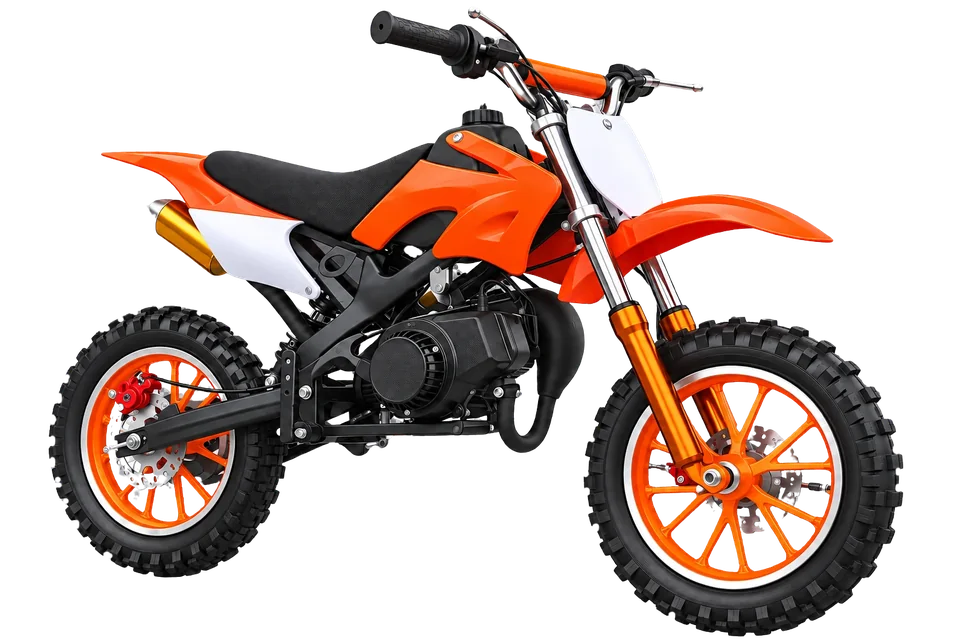 Three-quarter studio render of the KidMoto Trail49 dirt bike