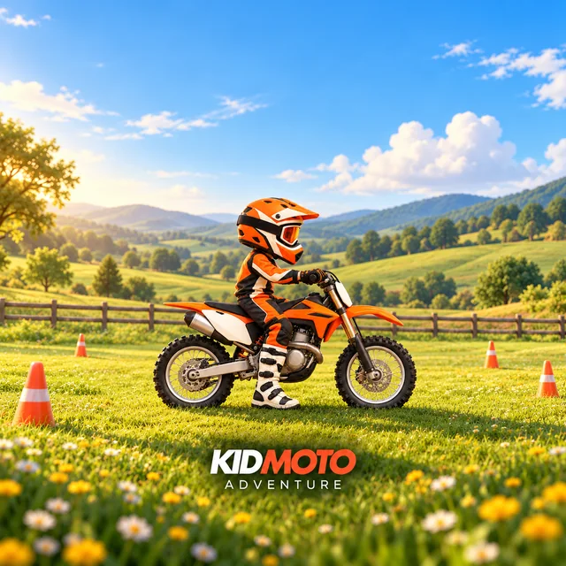 Adventure Awaits iPad wallpaper: the little KidMoto rider on an orange dirt bike in a sunny practice field