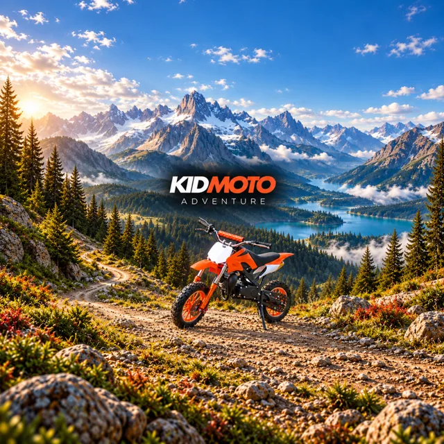 Day Adventure iPad wallpaper: KidMoto orange dirt bike overlooking a sunlit mountain lake