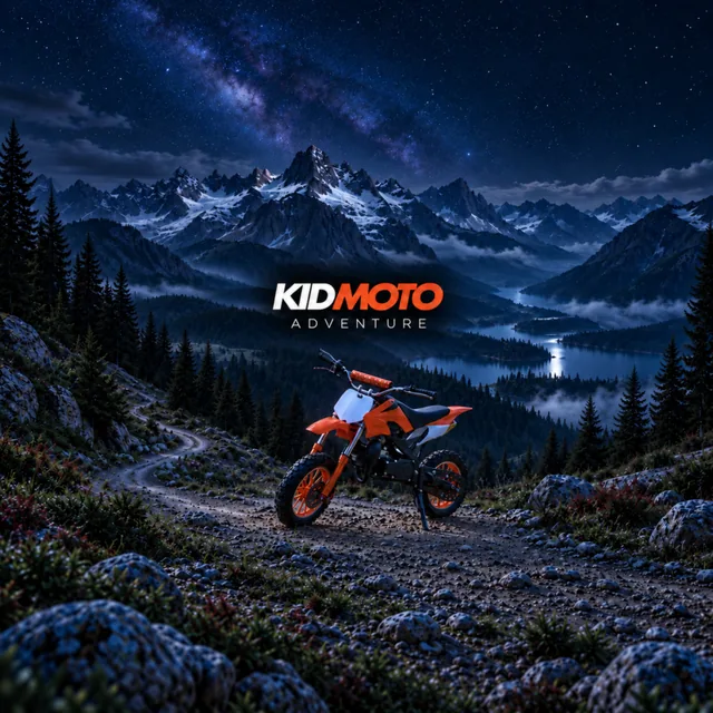 KidMoto orange dirt bike beneath a starry sky beside a mountain lake
