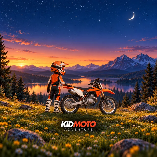 One More Adventure iPad wallpaper: the little KidMoto rider beside a parked orange dirt bike under a starry mountain sky